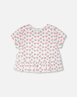 Rib Crop T-Shirt With Frill White Printed Cheeries - H30L71_3H142