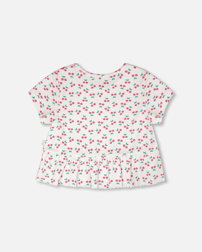 Rib Crop T-Shirt With Frill White Printed Cheeries - H30L71_3H142