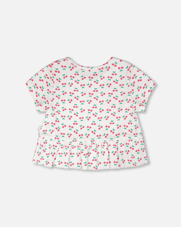Rib Crop T-Shirt With Frill White Printed Cheeries - H30L71_3H142