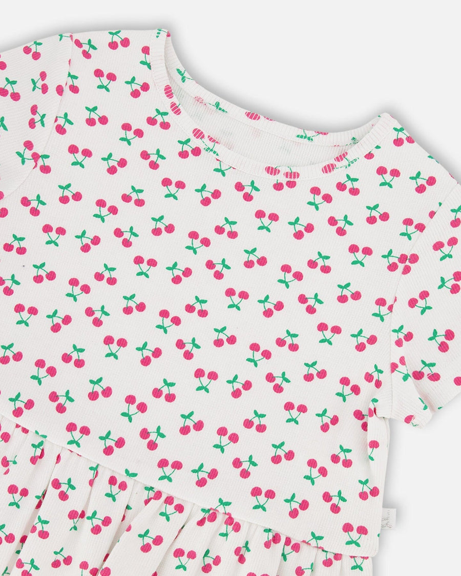 Rib Crop T-Shirt With Frill White Printed Cheeries - H30L71_3H142