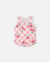 Organic Cotton Jersey Tank Top Pink Printed Cherries