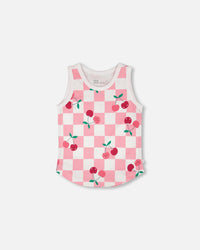 Organic Cotton Jersey Tank Top Pink Printed Cherries - H30L72_3H140