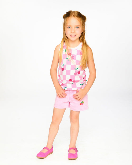 Organic Cotton Jersey Tank Top Pink Printed Cherries - H30L72_3H140