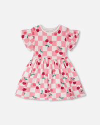 Organic Cotton Jersey Dress Pink Printed Cherries - H30L85_3H140