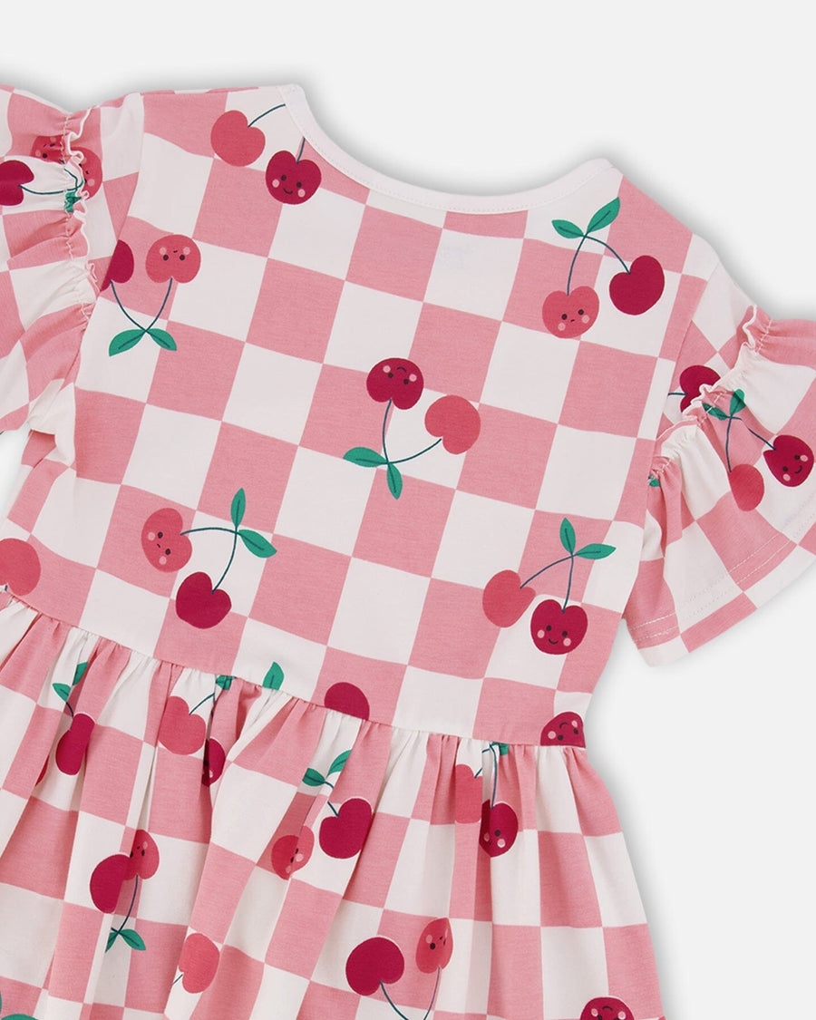 Organic Cotton Jersey Dress Pink Printed Cherries - H30L85_3H140