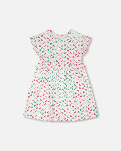 Cotton Rib Dress White Printed Cherries - H30L87_3H142
