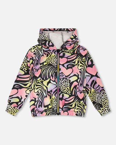 Zip Front French Terry Hoodie Black Printed Multicolor - H30M30_3H135