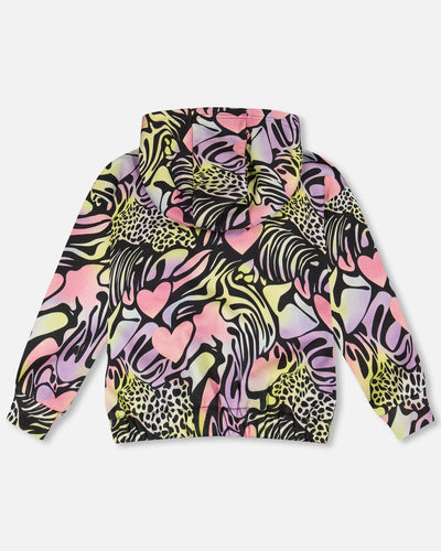 Zip Front French Terry Hoodie Black Printed Multicolor - H30M30_3H135