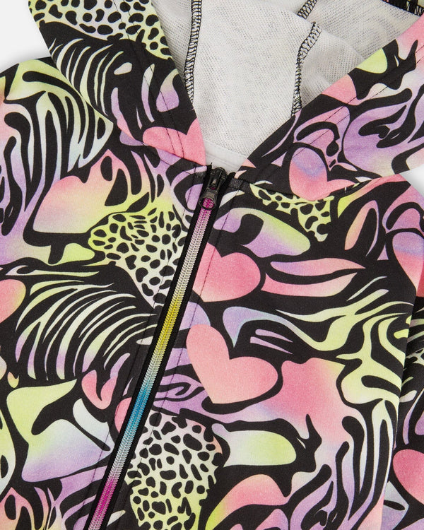 Zip Front French Terry Hoodie Black Printed Multicolor - H30M30_3H135