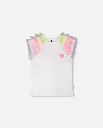 Organic Cotton Jersey T-Shirt White With Multicolor Mesh Sleeves - H30M72_01000