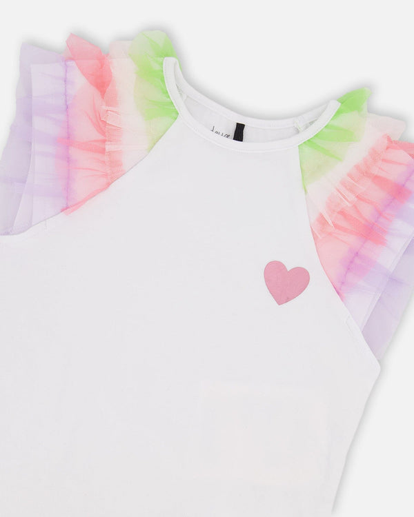 Organic Cotton Jersey T-Shirt White With Multicolor Mesh Sleeves - H30M72_01000