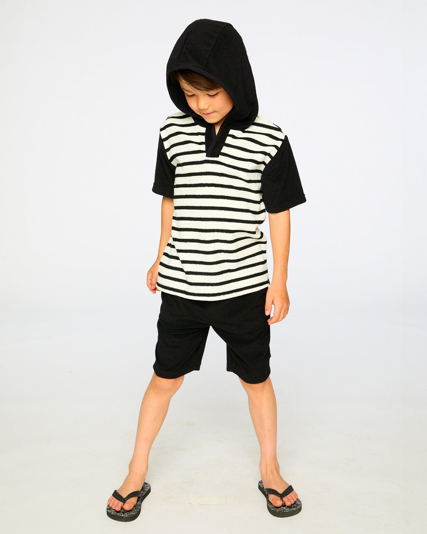 Hooded Terry T-Shirt With Shorts Set Black And White Stripes - H30OB12_04810