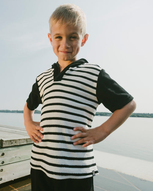 Hooded Terry T-Shirt With Shorts Set Black And White Stripes - H30OB12_04810