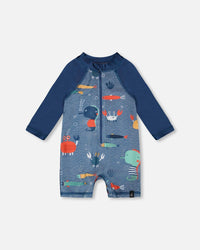 Baby And Toddler One-Piece Long Sleeve Rashguard Blue Printed Marine Animals - H30OB16_3H158