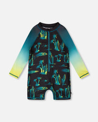 One-Piece Long Sleeve Rashguard Black Surf Print - H30OB25B_3H167
