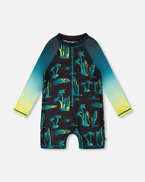 One-Piece Long Sleeve Rashguard Black Surf Print - H30OB25B_3H167