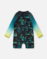 One-Piece Long Sleeve Rashguard Black Surf Print - H30OB25B_3H167