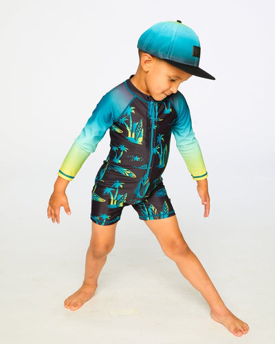 One-Piece Long Sleeve Rashguard Black Surf Print - H30OB25_3H167