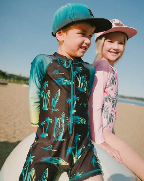 One-Piece Long Sleeve Rashguard Black Surf Print - H30OB25_3H167
