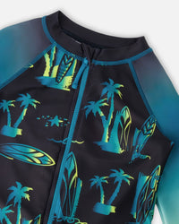One-Piece Long Sleeve Rashguard Black Surf Print - H30OB25_3H167