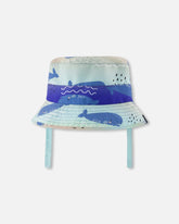 Chapeau de plage en polyester recyclé bleu imprimé baleines