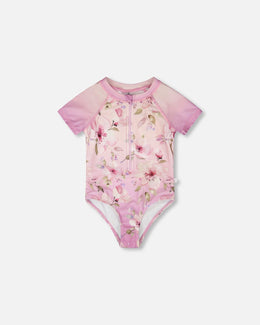 One-Piece Swimsuit Purple Flower Print - H30OG11_3H143