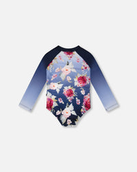 One-Piece Long Sleeve Rashguard Blue Rose Print - H30OG20_3H144
