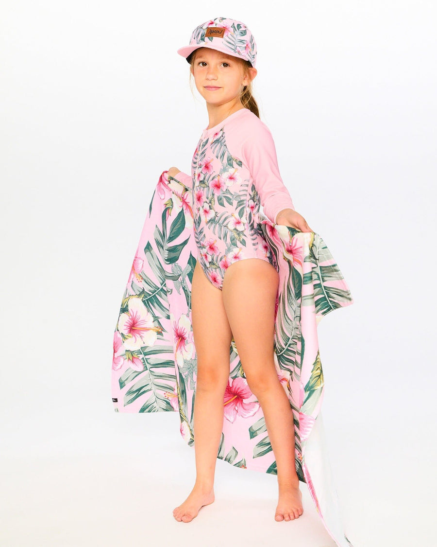 One-Piece Long Sleeve Rashguard Pink Hibiscus Print - H30OG21_3H152
