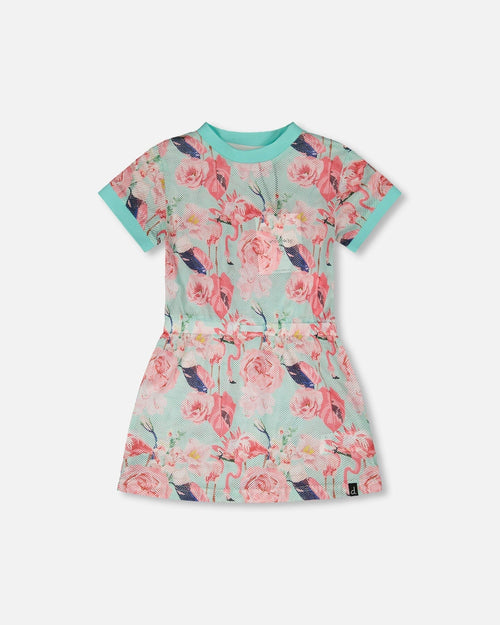 Mesh Beach Dress Blue Flamingo Print - H30OG30_3H154