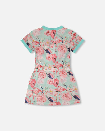 Mesh Beach Dress Blue Flamingo Print - H30OG30_3H154