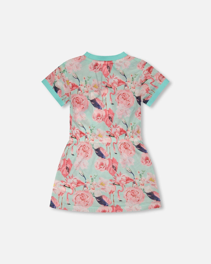 Mesh Beach Dress Blue Flamingo Print - H30OG30_3H154