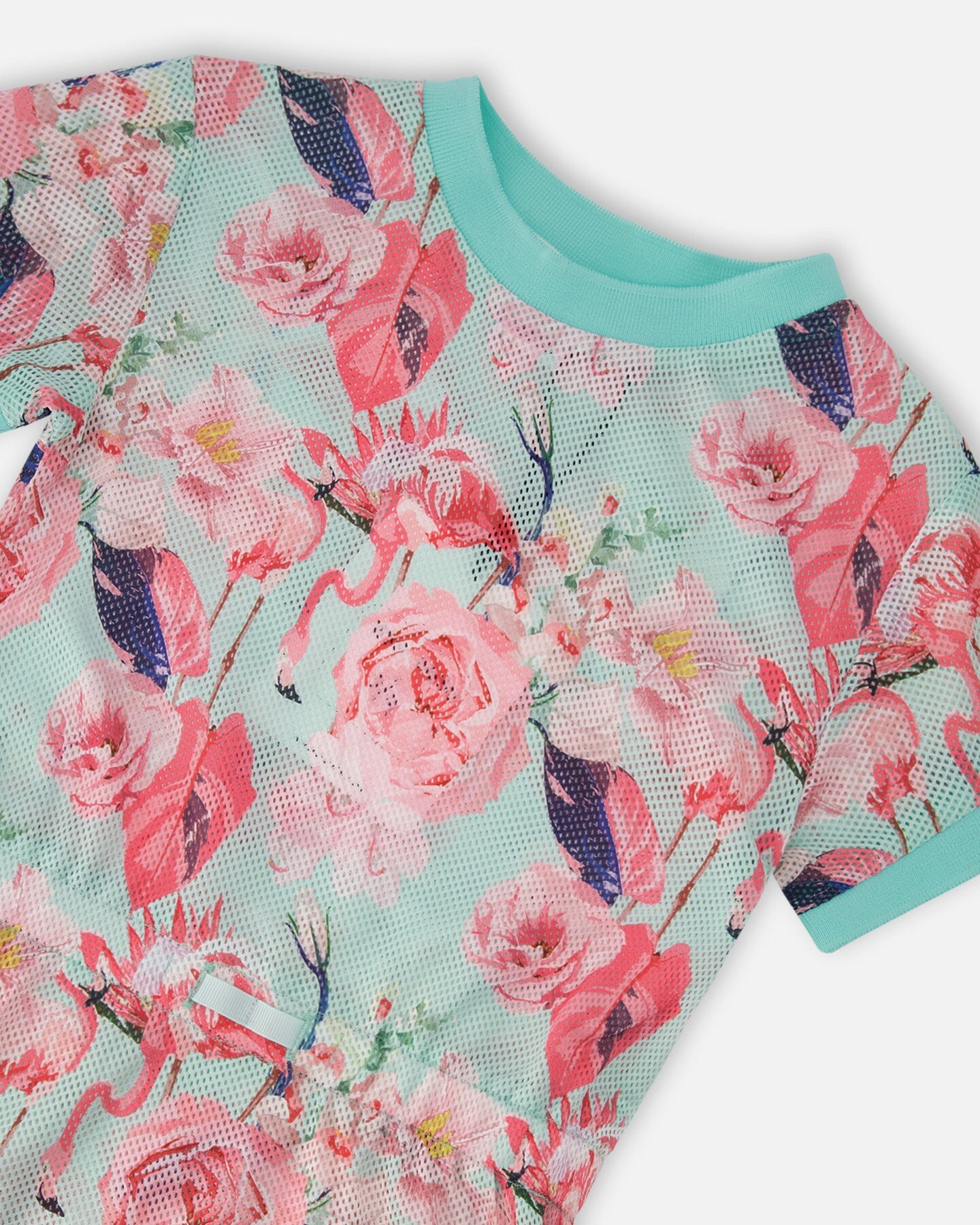 Mesh Beach Dress Blue Flamingo Print - H30OG30_3H154