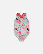 One-Piece Swimsuit Blue Flamingo Print - H30OG31_3H154