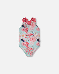 One-Piece Swimsuit Blue Flamingo Print - H30OG31_3H154