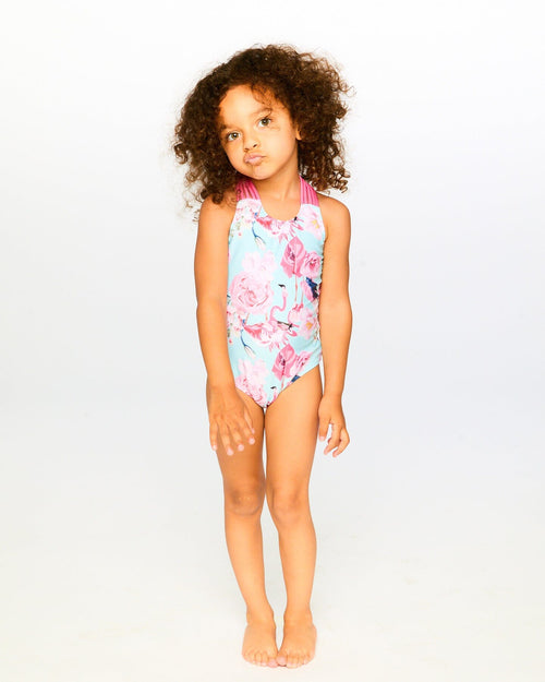 One-Piece Swimsuit Blue Flamingo Print - H30OG31_3H154