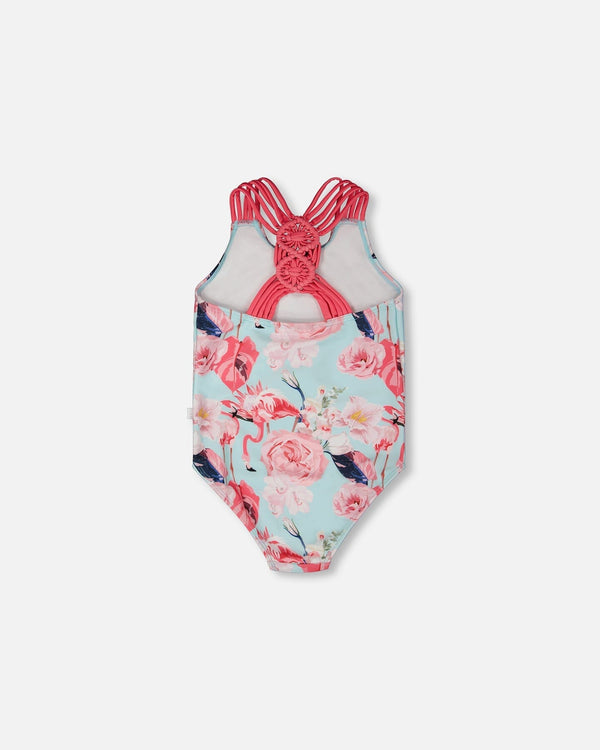 One-Piece Swimsuit Blue Flamingo Print - H30OG31_3H154