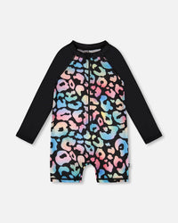 One-Piece Long Sleeve Rashguard Black Leopard Print - H30OG39_3H145