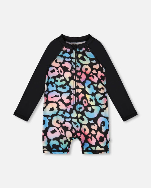 One-Piece Long Sleeve Rashguard Black Leopard Print - H30OG39_3H145