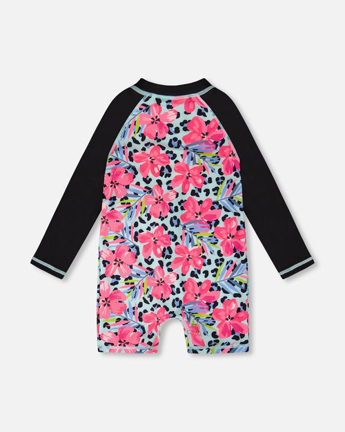 One-Piece Long Sleeve Rashguard Blue Floral And Leopard Print - H30OG41_3H155