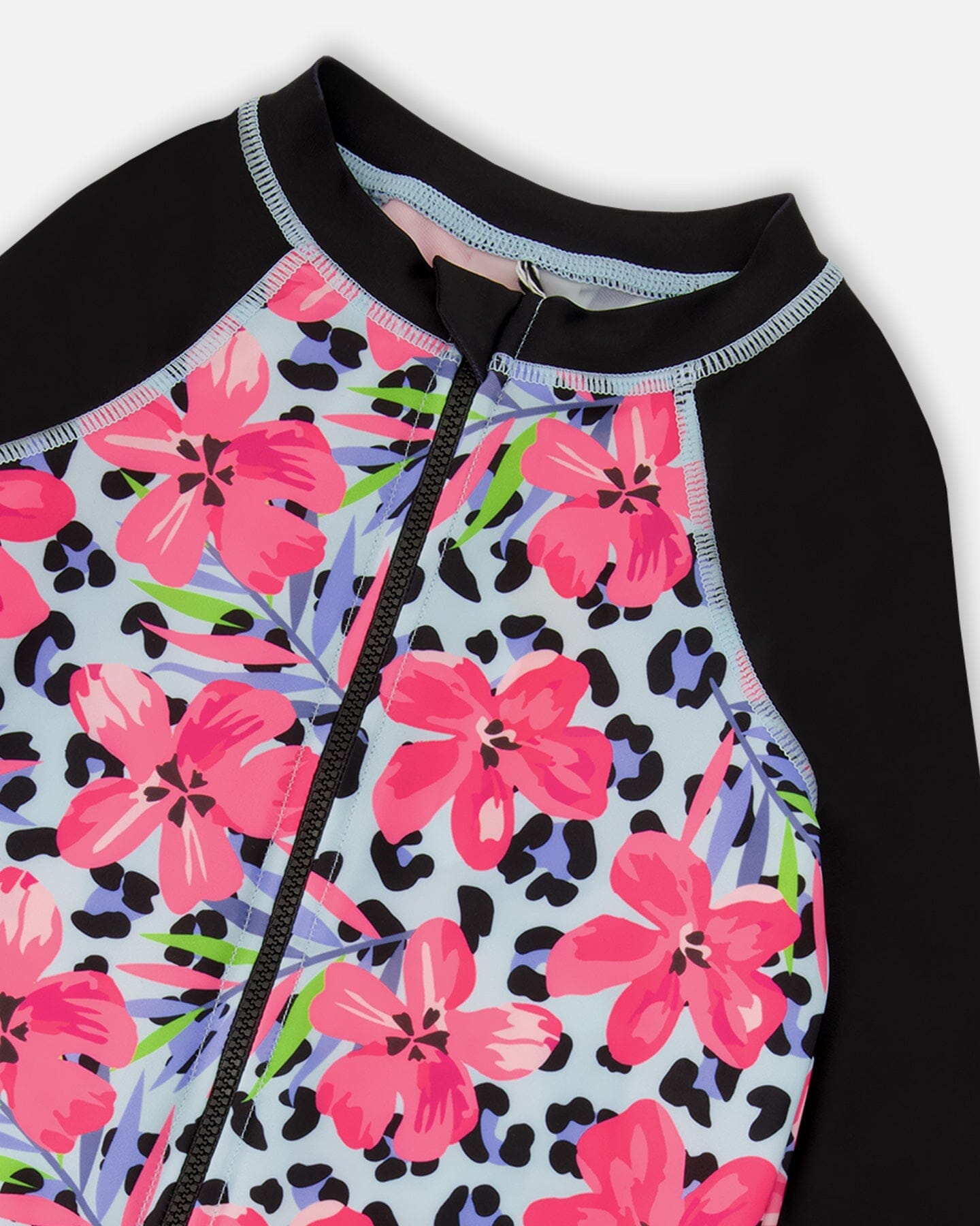 One-Piece Long Sleeve Rashguard Blue Floral And Leopard Print - H30OG41_3H155
