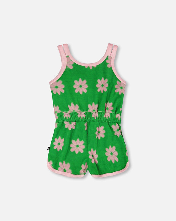 Terry Cloth Sleeveless Jumpsuit Green Printed Flowers - H30OG44_3H183