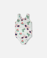 One-Piece Swimsuit Blue Flamingo And Cactus Print - H30OG64_3H151