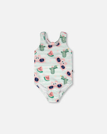 One-Piece Swimsuit Blue Flamingo And Cactus Print - H30OG64_3H151