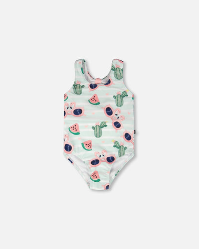 One-Piece Swimsuit Blue Flamingo And Cactus Print - H30OG64_3H151