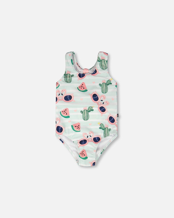 One-Piece Swimsuit Blue Flamingo And Cactus Print - H30OG64_3H151