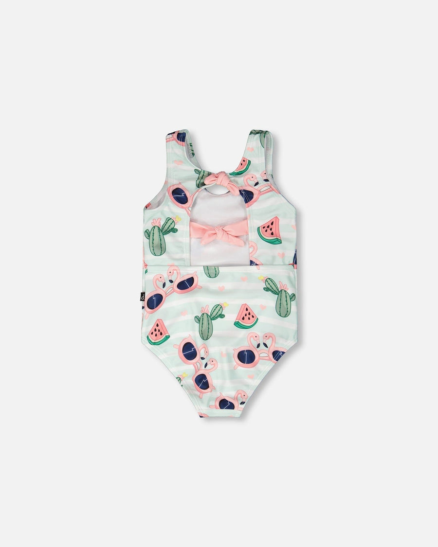 One-Piece Swimsuit Blue Flamingo And Cactus Print - H30OG64_3H151
