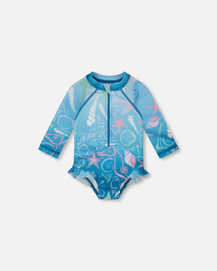 Baby And Toddler One-Piece Long Sleeve Rashguard Blue Shell Print - H30OG70_3H153