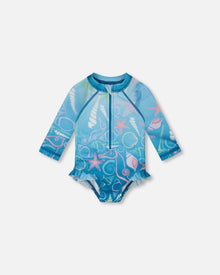 Baby And Toddler One-Piece Long Sleeve Rashguard Blue Shell Print - H30OG70_3H153