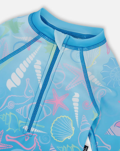 Baby And Toddler One-Piece Long Sleeve Rashguard Blue Shell Print - H30OG70_3H153