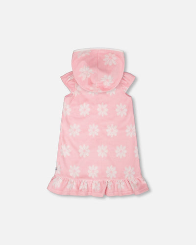 Terry Cloth Beach Hoodie Dress Pink Printed Flowers - H30OG80_3H184